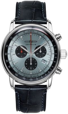 Zeppelin LZ 14 Marine Quartz Chronograph (42mm) Ice Blue Dial / Black Leather Strap 8886-2