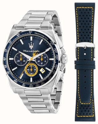 Maserati Velocità Quartz Chronograph (43mm) Blue Dial / Stainless Steel Bracelet + Blue Leather Strap R8873652001