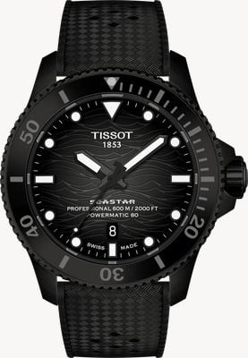 Tissot Seastar 2000 Powermatic 80 (44mm) Black Wave Dial / Black Rubber Strap Watch T1209073705100