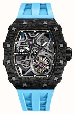 TSAR BOMBA Elemental Series Carbon Fibre Automatic (43.5mm) Black Skeleton Dial / Blue FKM Rubber Strap TB8209CF-04