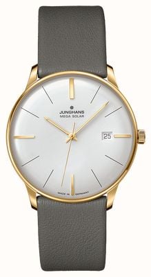 Junghans Meister MEGA Solar Radio-Controlled (38mm) Matte White Dial / Grey Leather Strap 59/7601.02