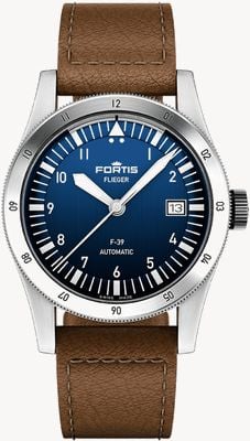 FORTIS Flieger F-39 Automatic Liberty Blue (39mm) Teak Brown Leather Aviator Strap F4220026