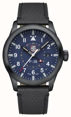 Luminox P-38 Lightning GMT 9520 Series 'Open Sky Blue' (42mm) Blue Dial / Black Leather Strap Watch XA.9523