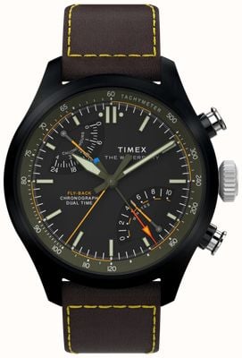 Timex Waterbury Ace Fly-Back Chronograph (43mm) Black Dial / Brown Leather Strap TW2Y70100