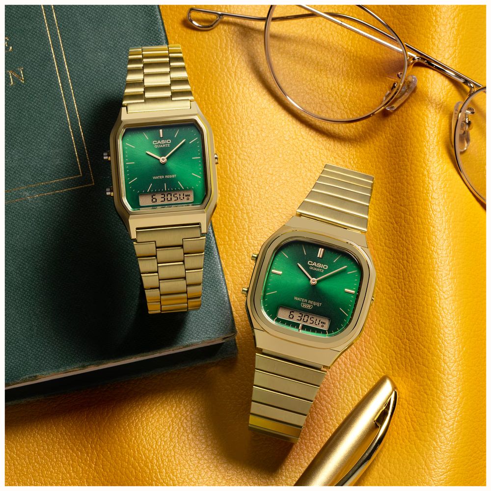 Casio Vintage Dual-Display (35.8mm) Green Sunray Dial / Gold PVD Stainless Steel Bracelet AQ-240EG-3AEF - alternate view 2