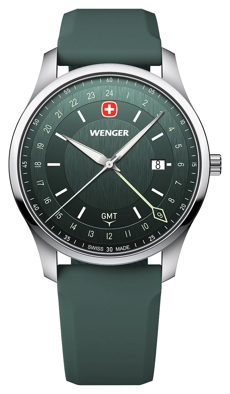 Wenger 01.1442.101 City GMT Quartz (42mm) Brushed Green Dial Watch
