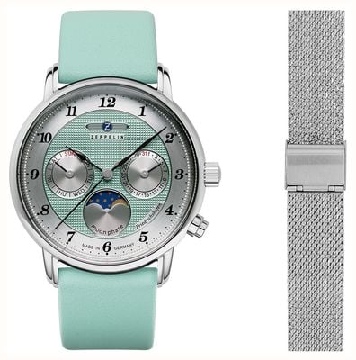 Zeppelin Moonphase Multifunction (36mm) Mint Green Clous de Paris Dial / Steel Mesh & TurquoiseLeather Straps 8537-2 SET