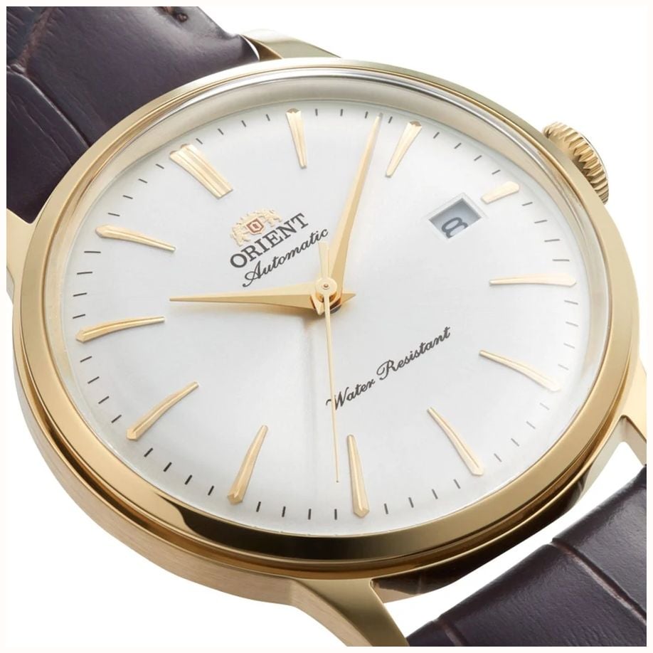 Orient Men's Automatic Gold Tone Stainless Steel Case Brown Leather Strap With Domed Mineral Crystal RA-AC0028S30B - alternate view 2