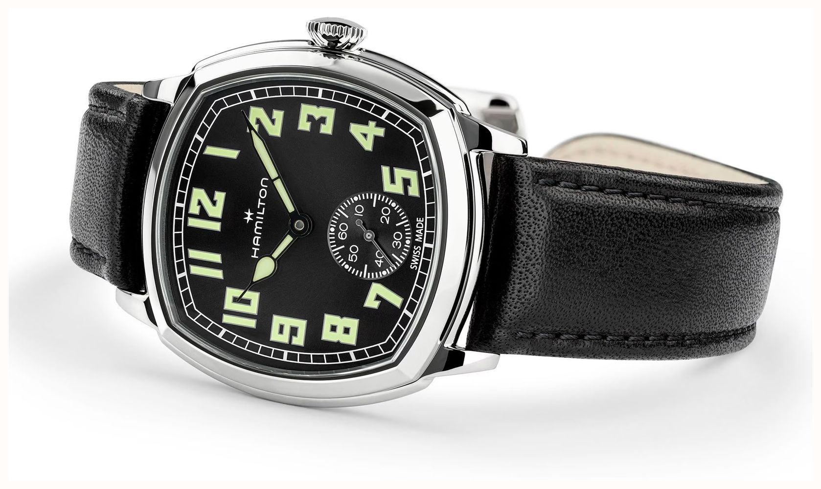 Hamilton American Classic Cushion Mechanical (34mm) Black Sunray Dial / Black Leather Strap Watch H36129730 - alternate view 2