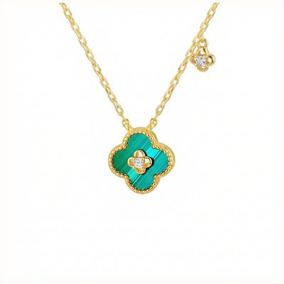 Sterling Silver Yellow Gold Plated Clover Malachite and White CZ with White Clover Necklace 8.12.0180