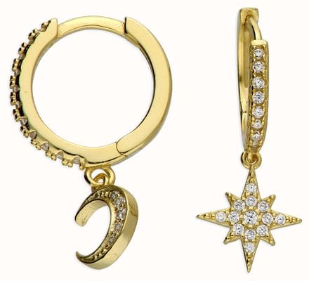 Gold Plated CZ Moon And Star Asymmetric Huggie Hoops H3231/Y