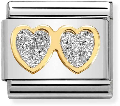 Nomination Classic Double Silver Hearts 18ct Gold & Steel Enamel Charm 030220/01