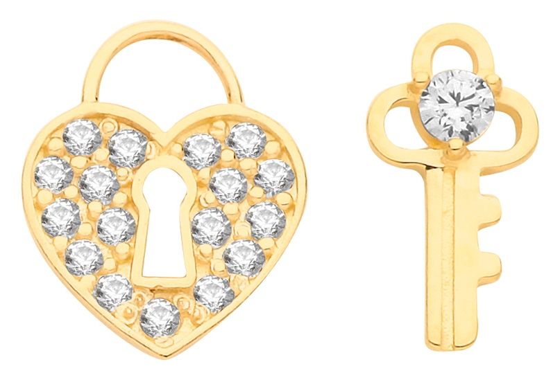 James Moore TH ES686 9ct Gold Cz Heart And Key Mix Match Jewellery