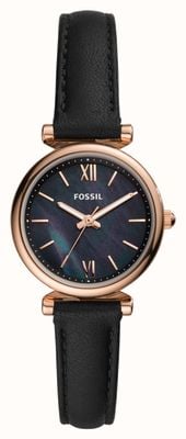 Fossil Women's Carlie Mini | Black Mother-of-Pearl Dial | Black Leather Strap ES4700