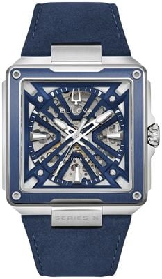 Bulova Series X Automatic (41mm) Blue Skeleton Dial / Blue Suede Strap 98A342