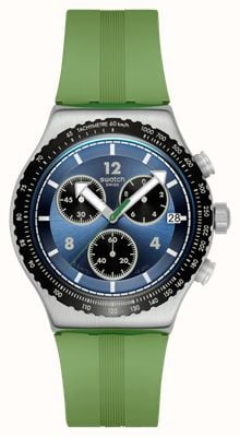 Swatch DUSK THRU THE LEAVES (43mm) Blue Chronograph Dial / Green Silicone Strap YVS531