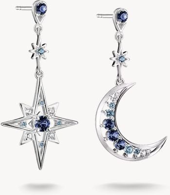 Thomas Sabo Sterling Silver & Blue Crystal Moon & Star Drop Stud Earrings H2379-166-1