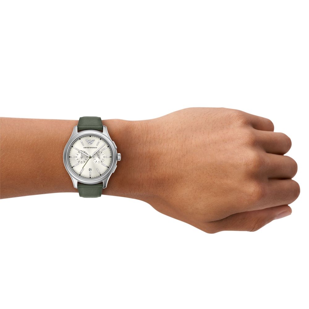 Emporio Armani Quartz Chronograph (40mm) Ivory Sunray Dial / Green Leather Strap AR11801 - alternate view 4