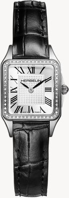 Herbelin Luna Mini Diamond Quartz (18.6mm) Silver Guilloché Dial / Black Crocodile-Effect Leather Strap 17407AP54Y08