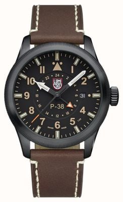 Luminox P-38 Lightning GMT 9520 Series 'Sandstorm' (42mm) Black Dial / Brown Leather Strap Watch XA.9526