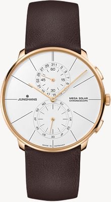 Junghans Meister Fein Chronoscope MEGA Solar (39.5mm) White Dial / Dark-Brown Leather 59/7201.00