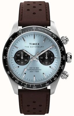 Timex Waterbury Heritage Chronograph (39mm) Ice Blue Sunray Dial / Brown Leather Strap TW2Y70600