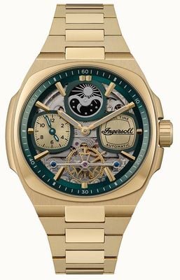 Ingersoll THE SPIRIT Automatic (46.7mm) Green Skeleton Dial / Gold-Tone Stainless Steel Bracelet Watch I15803