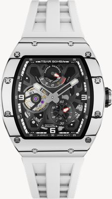 TSAR BOMBA Elemental Series Carbon Automatic Power-Reserve (42.8mm) Black Dial / White FKM Rubber Strap TB8212CF-01