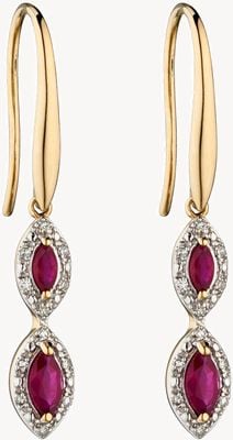 Elements Gold 9k Yellow Gold Ruby And Marquise Diamond Drop Earrings GE2283R