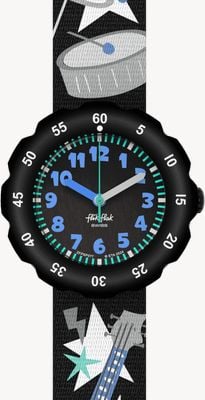 Flik Flak STAGE STAR (34.75mm) Black Dial / Black Music Patterned Strap FPSP077
