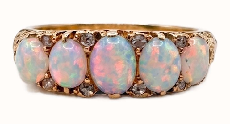 Pre-owned 18ct Gold 5 Stone Diamond Opal Carved Hoop Ring 1901 J94857