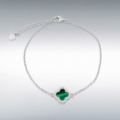Sterling Silver Rhodium Plated 11mm Clover Malachite 1.1mm White CZ Adjustable Bracelet 8.23.8102