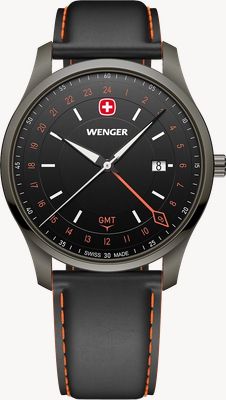 Wenger City GMT Quartz (42mm) Brushed Black Dial / Black Leather Strap 01.1442.106