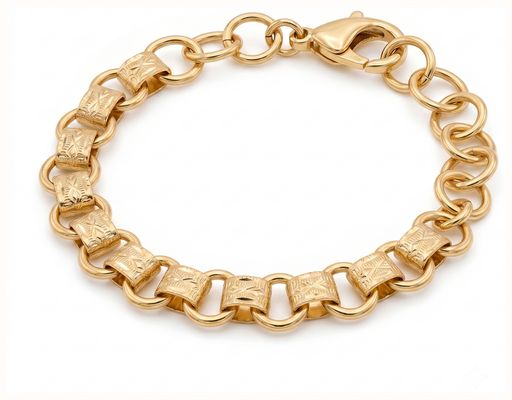 Burren Jewellery 18K Gold Plated Chunky Double Round Link Bracelet With Engraved Square Stations. B1694