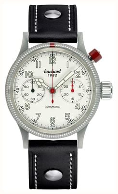 Hanhart PIONEER Mk I Automatic Chronograph (40mm) Antique White Dial / Black Leather Rivet Strap - M 714.200-0010