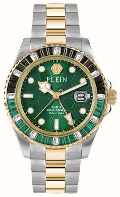 Philipp Plein HYPER-SPORT GMT-I CHALLENGER BAGUETTES (44mm) Green Dial / Two-Tone Stainless Steel Bracelet PWPZA0224