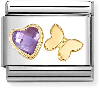 Nomination Classic Purple Cubic Zirconia Heart & Butterfly 18ct Gold Charm 030613/13