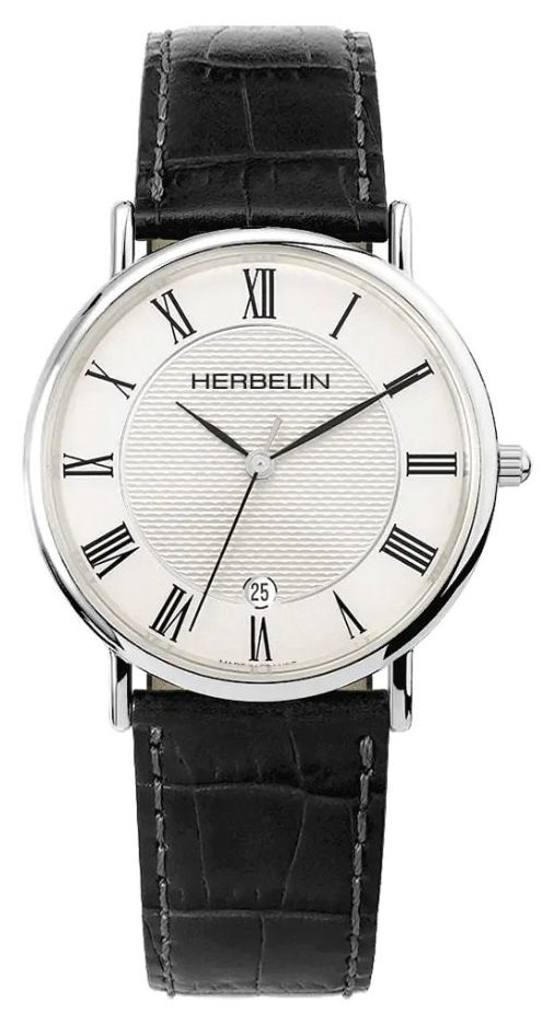 Herbelin 12248AP08 Men's Classic Black Leather Strap White Watch
