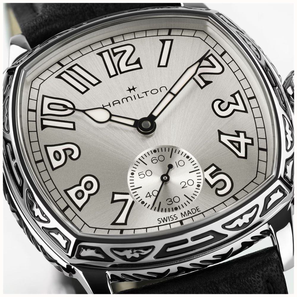 Hamilton American Classic Cushion Mechanical (34mm) Silver Sunray Dial / Black Leather Strap Watch H36149710 - alternate view 6