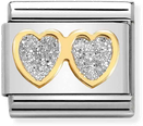 Nomination Classic Double Silver Hearts 18ct Gold & Steel Enamel Charm 030220/01