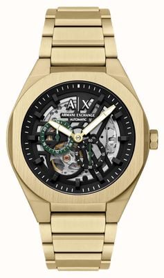 Armani Exchange Mechanical Skeleton (44mm) Black Skeleton Dial / Gold PVD Stainless Steel Bracelet AX4194