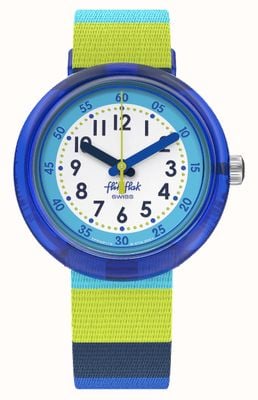 Flik Flak STRIPY BLUE Blue and White Dial / Green and Blue Stripe Fabric Strap FPNP112
