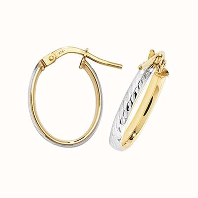 James Moore TH 9ct Yellow/White Gold Oval Diamond Cut Hoop Earrings ER1043-V1