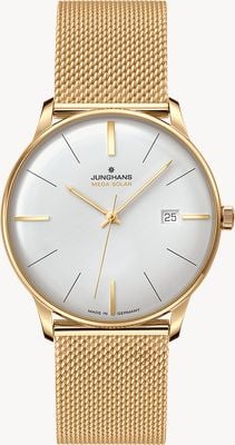Junghans Meister MEGA Solar Radio-Controlled (38mm) Matte White Dial / Gold PVD Stainless Steel Mesh Bracelet 59/7600.46