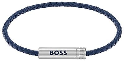 BOSS Jewellery Ares Air Braided Cuff In Blue Leather With Logo Plaque 1580874