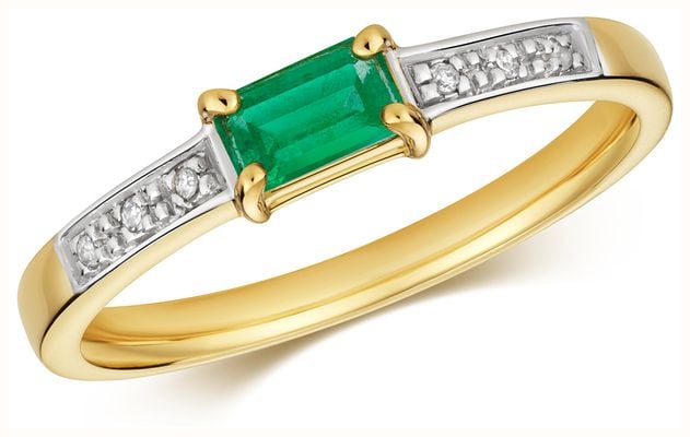 James Moore TH Women's 9ct Yellow Gold Diamond and Emerald Ring RD927E