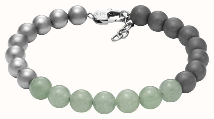 Armani Exchange Men's Classic Green Grey and Silver Stainless Steel Beaded Bracelet AXG0127040