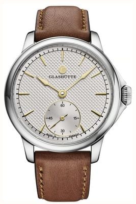 Tutima Glashütte Patria Small-Second Manual Winding (41mm) Silver Décor Dial / Mahagony Brown Sheepskin Strap 6612-09