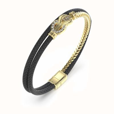 Guess SAILOR KNOT 7mm Black Leather & Gold PVD Stainless Steel Bracelet - One Size UMB05029YGBKL
