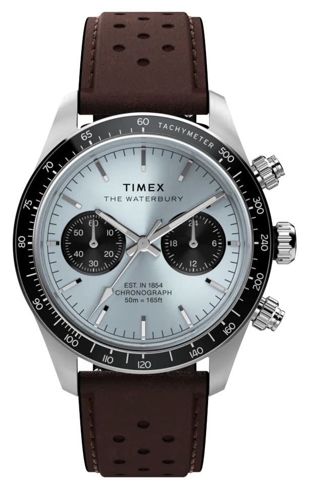 Timex Men's Watch Waterbury Heritage Chronograph 39mm Leather Strap Watch | Silver-Tone/Blue, Stainless Steel
